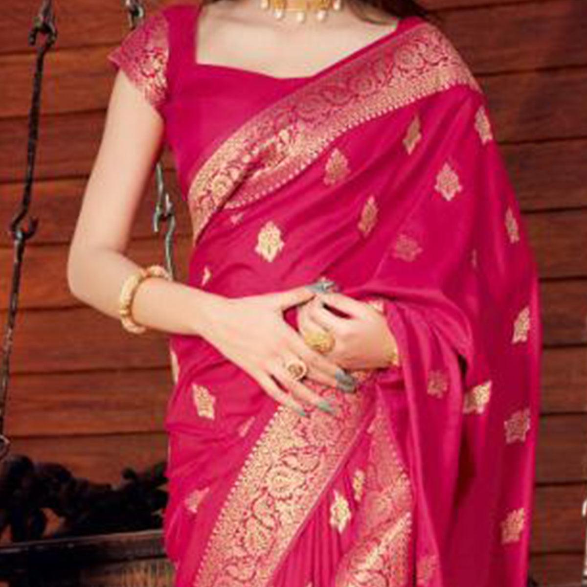 Entrancing Pink Coloured Partywear Woven Silk Saree - Peachmode
