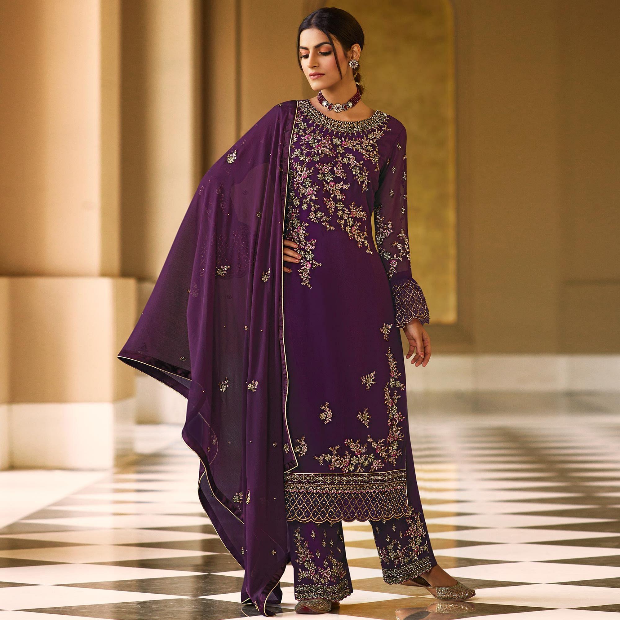 Entrancing Purple Coloured Partywear Embroidered Pure Georgette Palazzo Suit - Peachmode