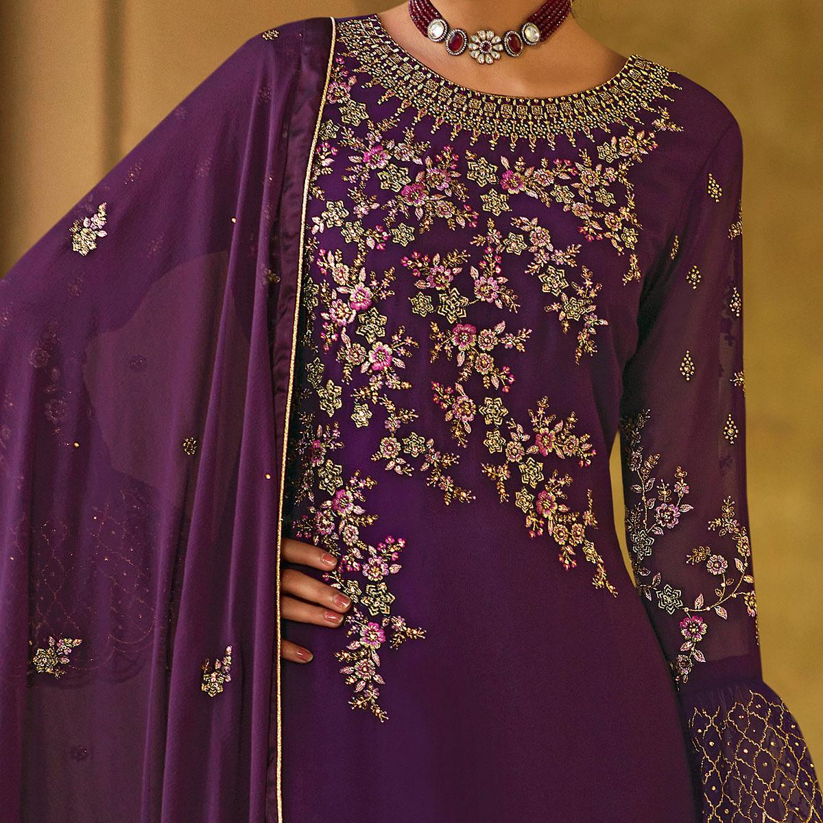Entrancing Purple Coloured Partywear Embroidered Pure Georgette Palazzo Suit - Peachmode