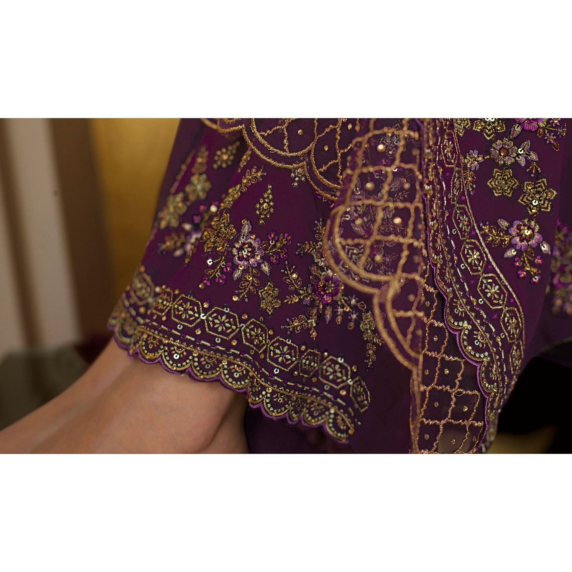 Entrancing Purple Coloured Partywear Embroidered Pure Georgette Palazzo Suit - Peachmode