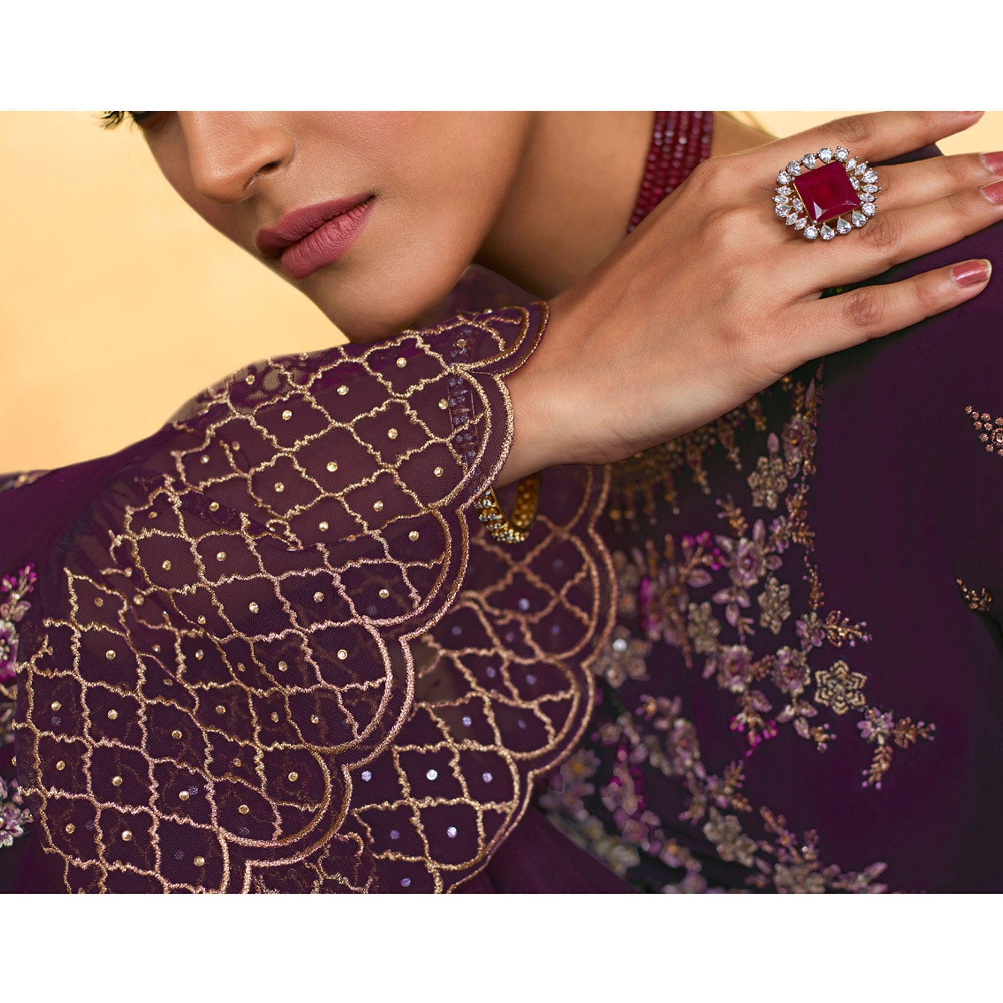 Entrancing Purple Coloured Partywear Embroidered Pure Georgette Palazzo Suit - Peachmode