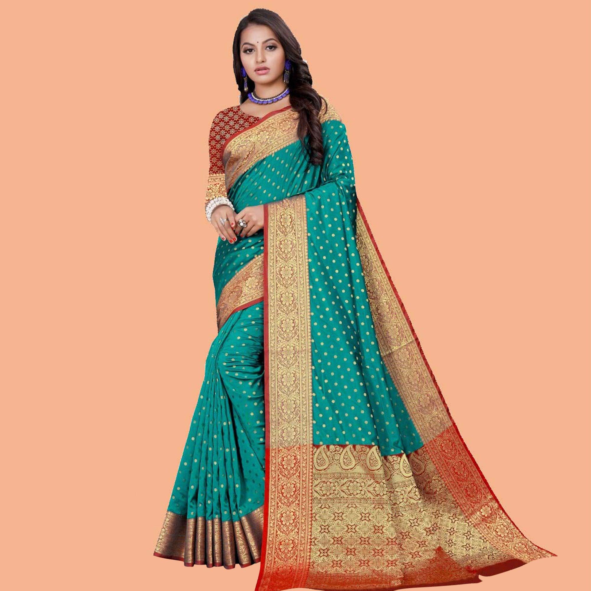 Entrancing Rama Colored Festive Wear Woven Silk Blend Saree - Peachmode
