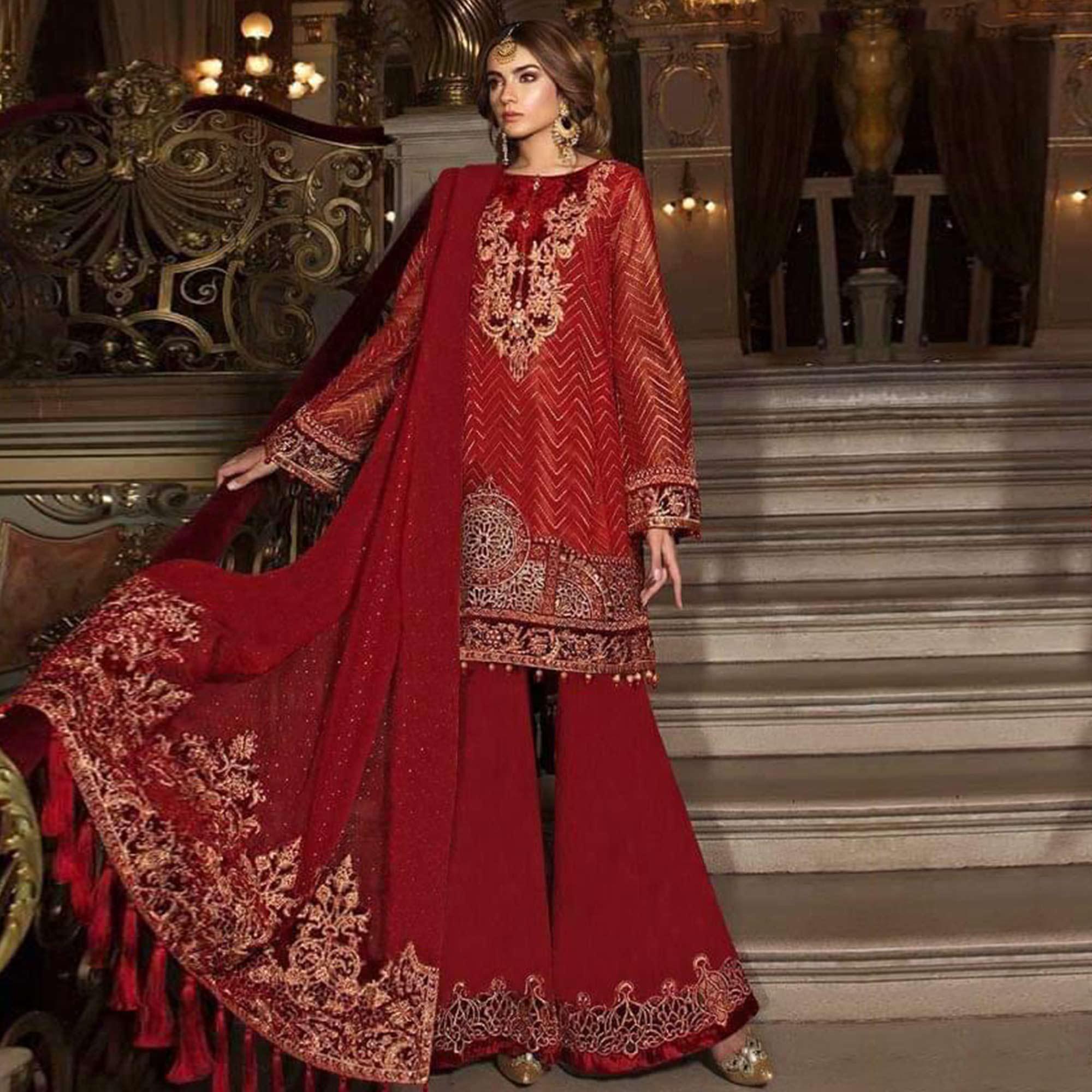 Entrancing Red Colored Partywear Embroidered Organza Palazzo Suit - Peachmode
