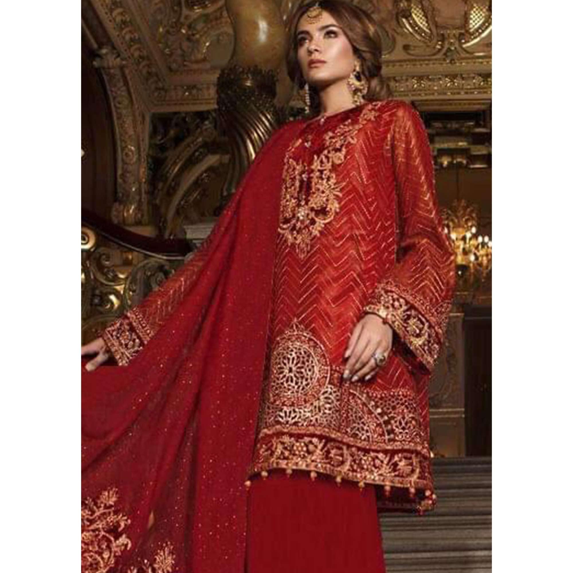Entrancing Red Colored Partywear Embroidered Organza Palazzo Suit - Peachmode