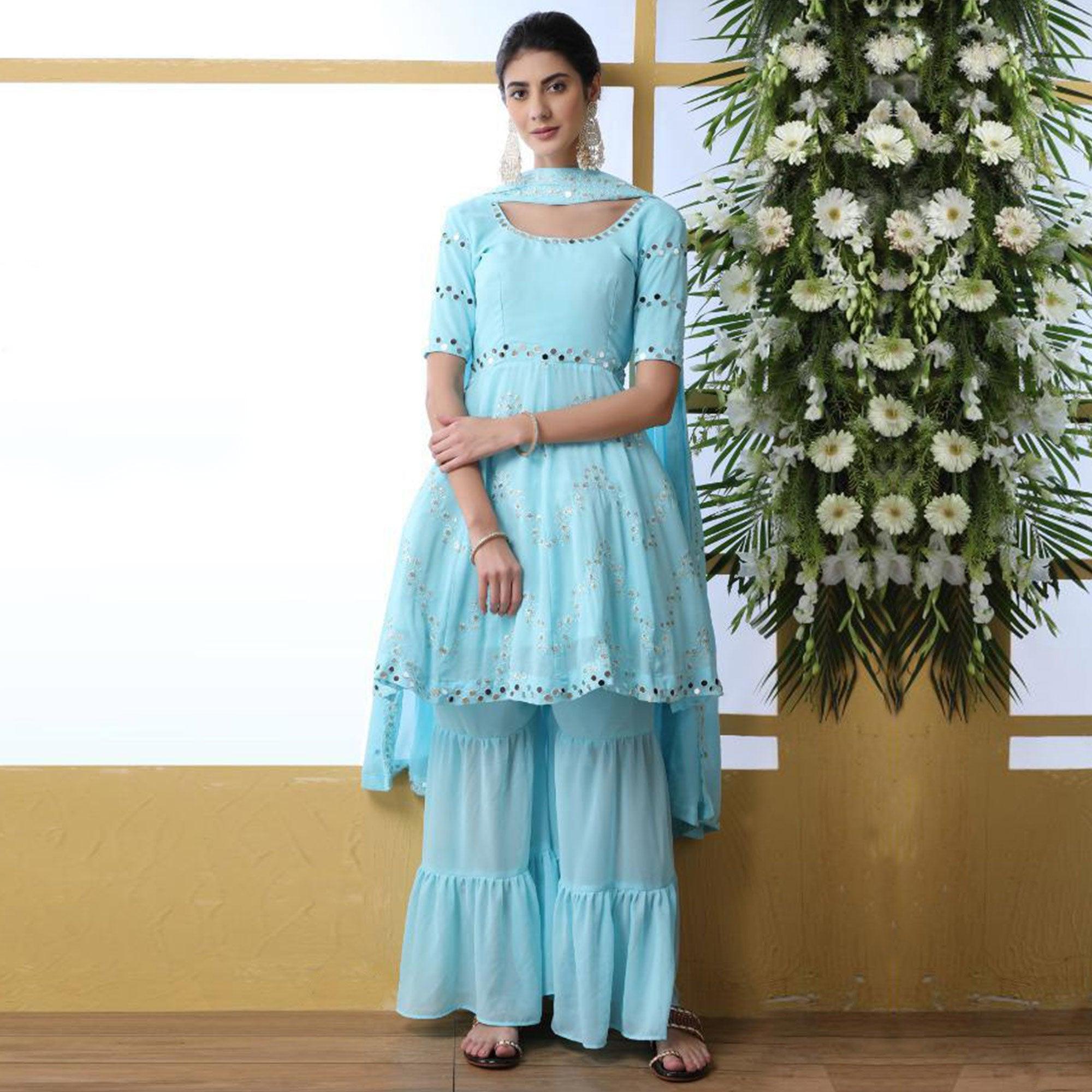 Entrancing Sky Blue Colored Party Wear Embroidered Georgette Palazzo Suit - Peachmode