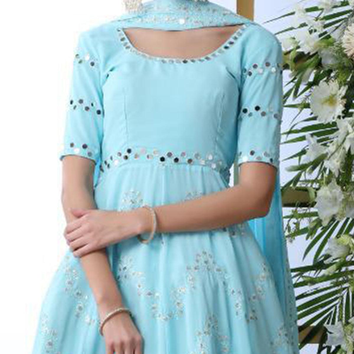 Entrancing Sky Blue Colored Party Wear Embroidered Georgette Palazzo Suit - Peachmode