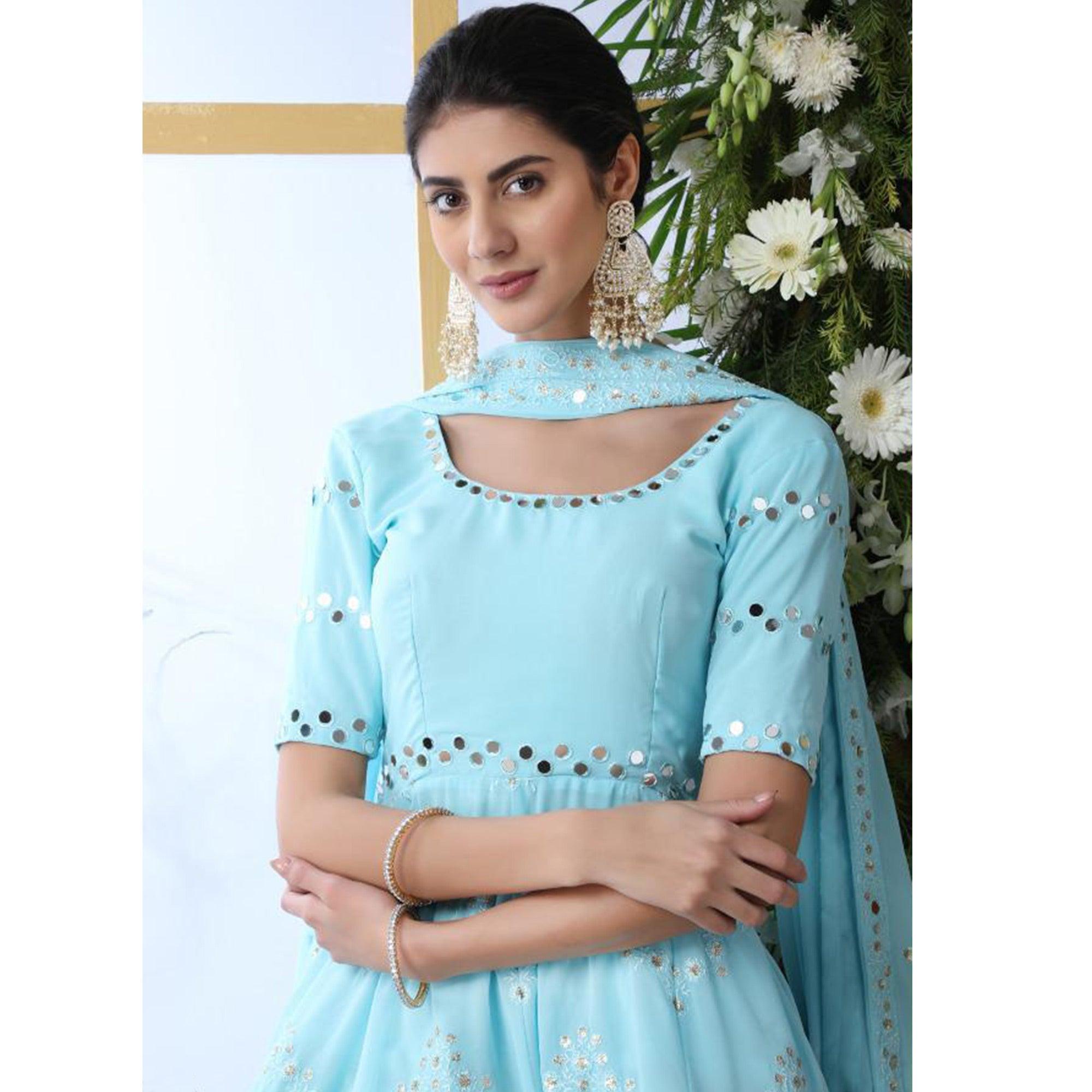 Entrancing Sky Blue Colored Party Wear Embroidered Georgette Palazzo Suit - Peachmode