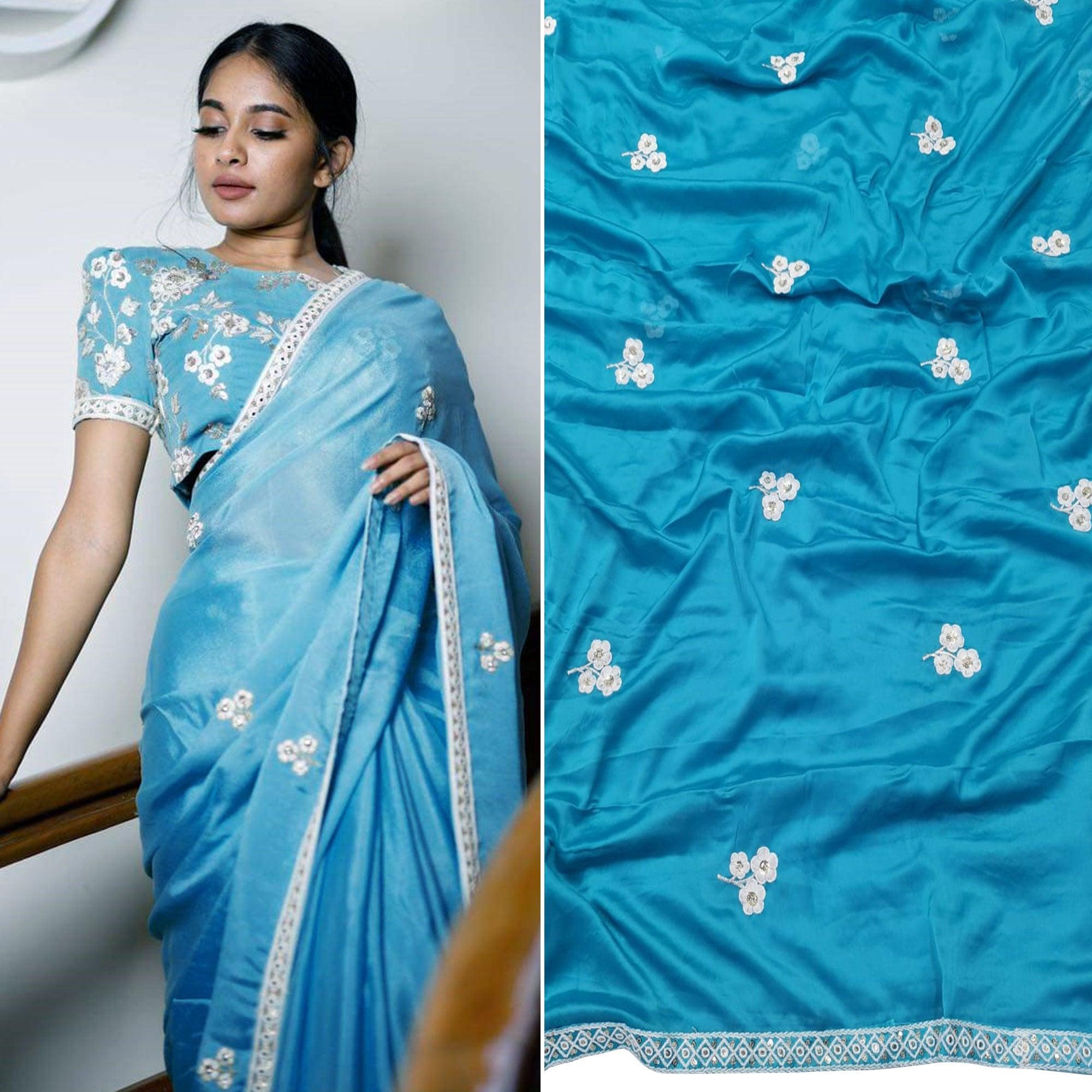 Entrancing Sky Blue Colored Partywear Embroidered Pure Heavy Rangoli Saree - Peachmode