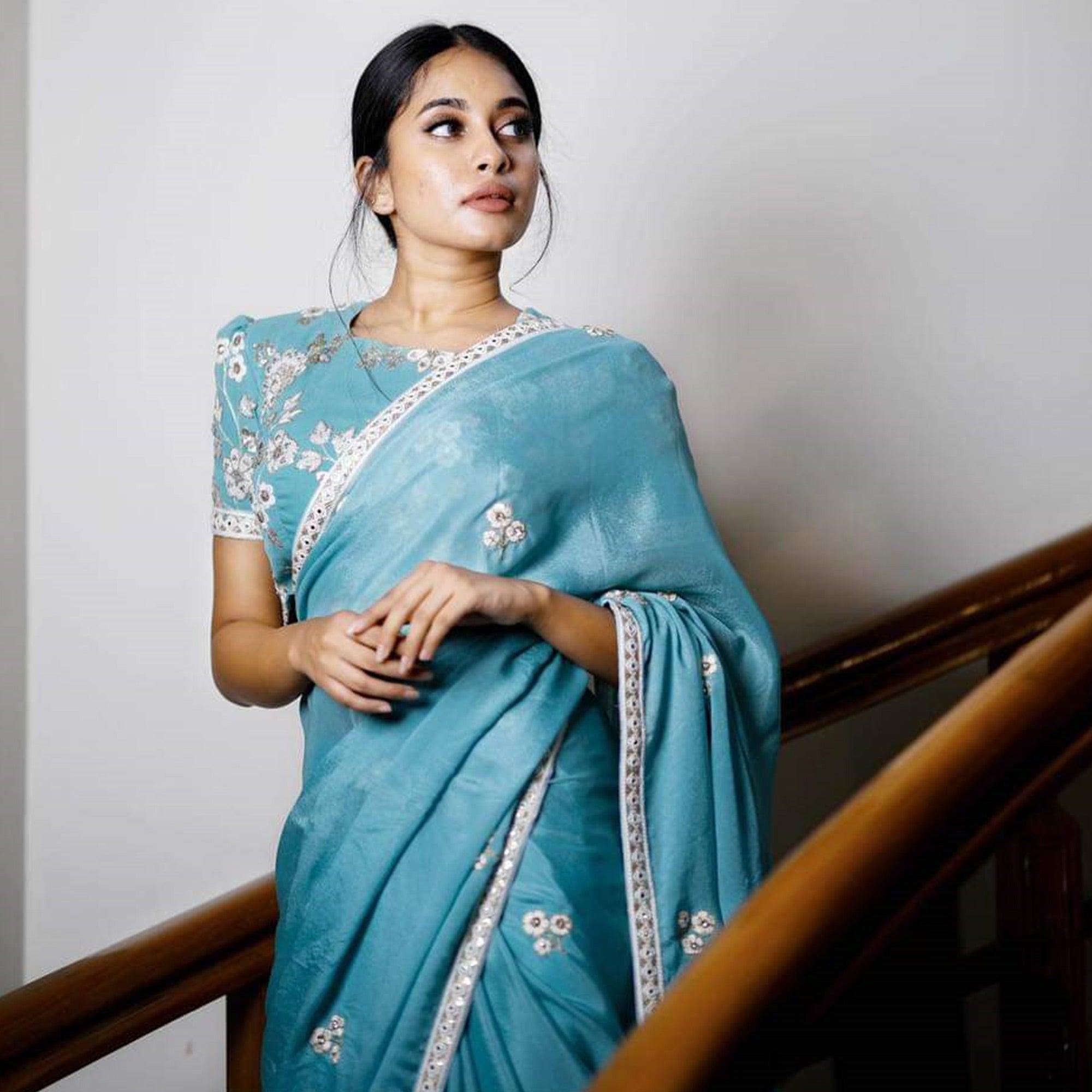 Entrancing Sky Blue Colored Partywear Embroidered Pure Heavy Rangoli Saree - Peachmode