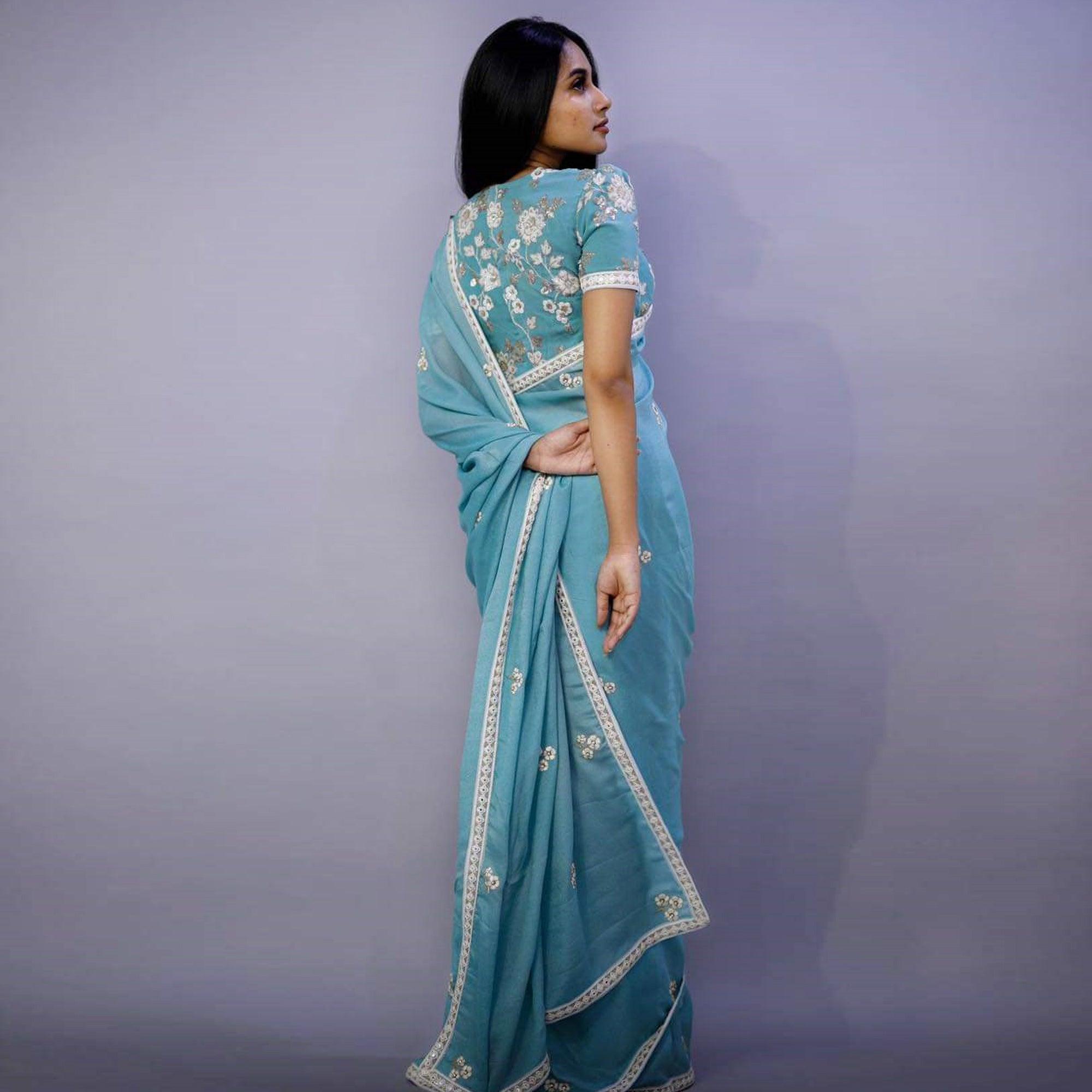 Entrancing Sky Blue Colored Partywear Embroidered Pure Heavy Rangoli Saree - Peachmode