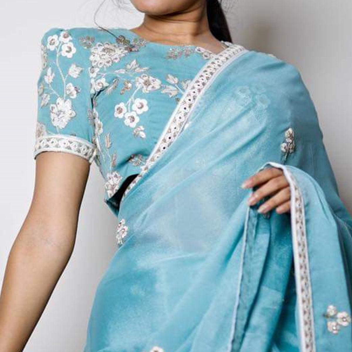 Entrancing Sky Blue Colored Partywear Embroidered Pure Heavy Rangoli Saree - Peachmode