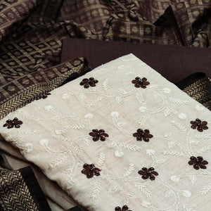 Entrancing White - Coffee Brown Colored Casual Wear Embroidered Poly Cotton Dress Material - Peachmode