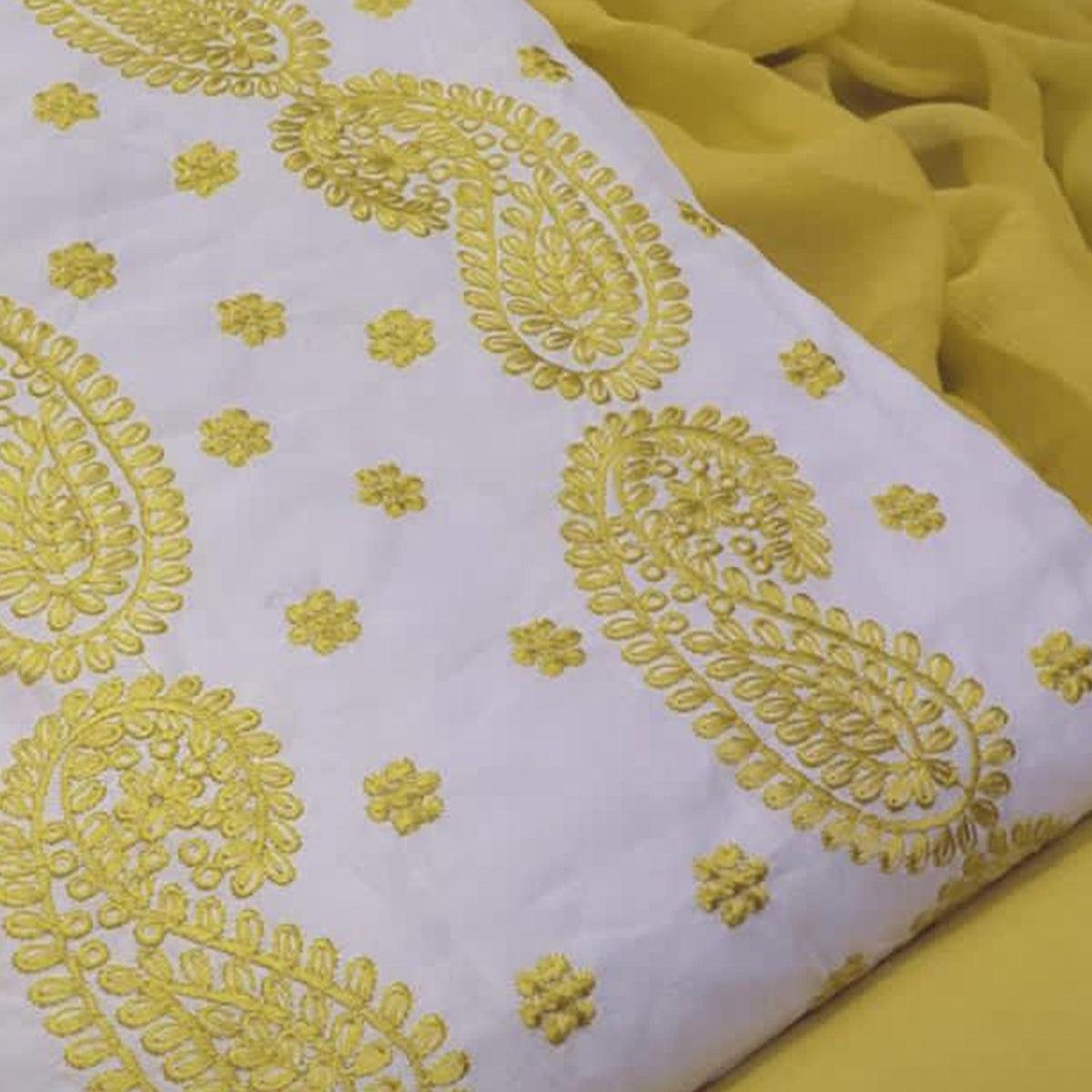 Entrancing White - Yellow Colored Casual Wear Embroidered Modal Chanderi Dress Material - Peachmode