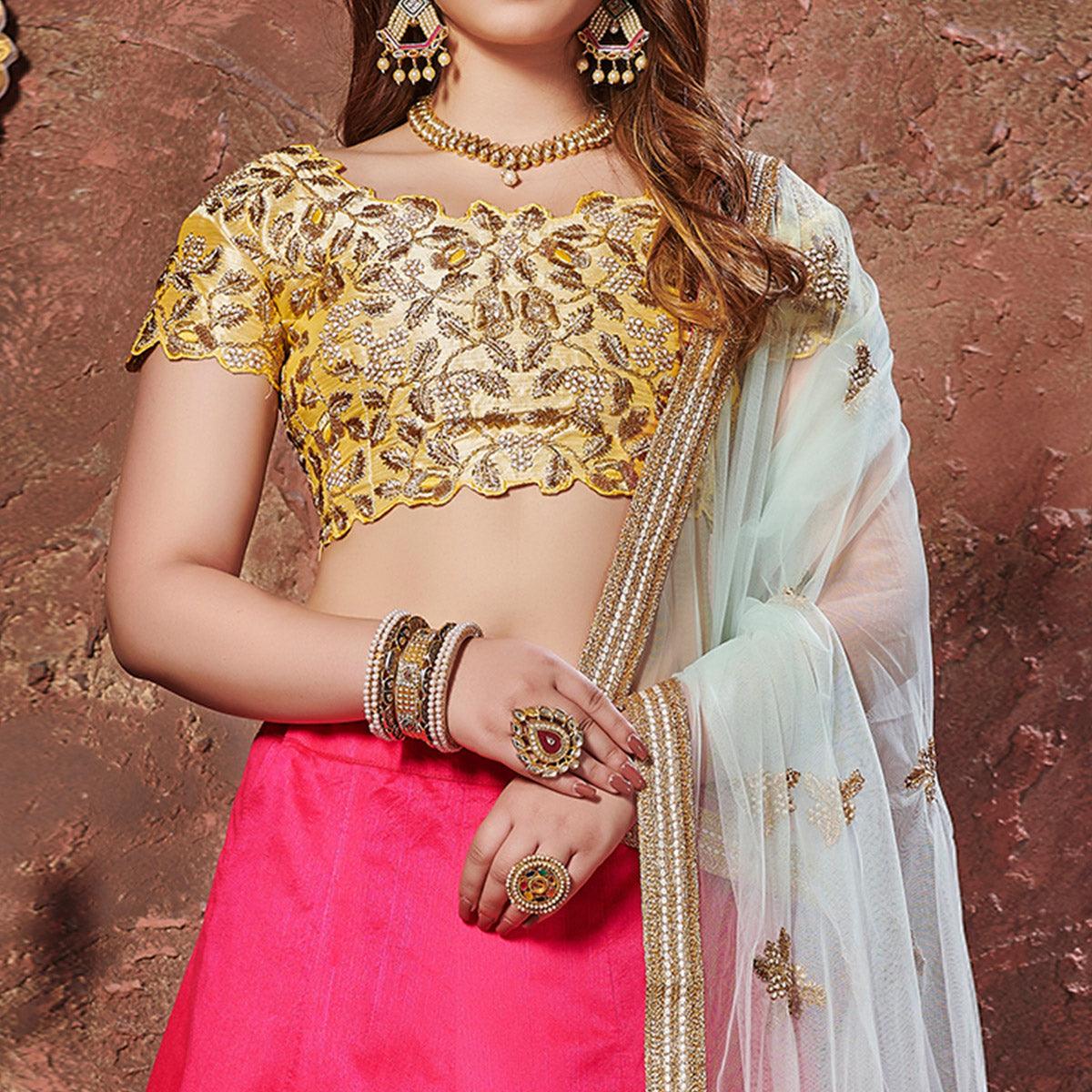 Entrancing Yellow-Pink Colored Wedding Wear Embroidered Mulberry Silk Lehenga Choli - Peachmode