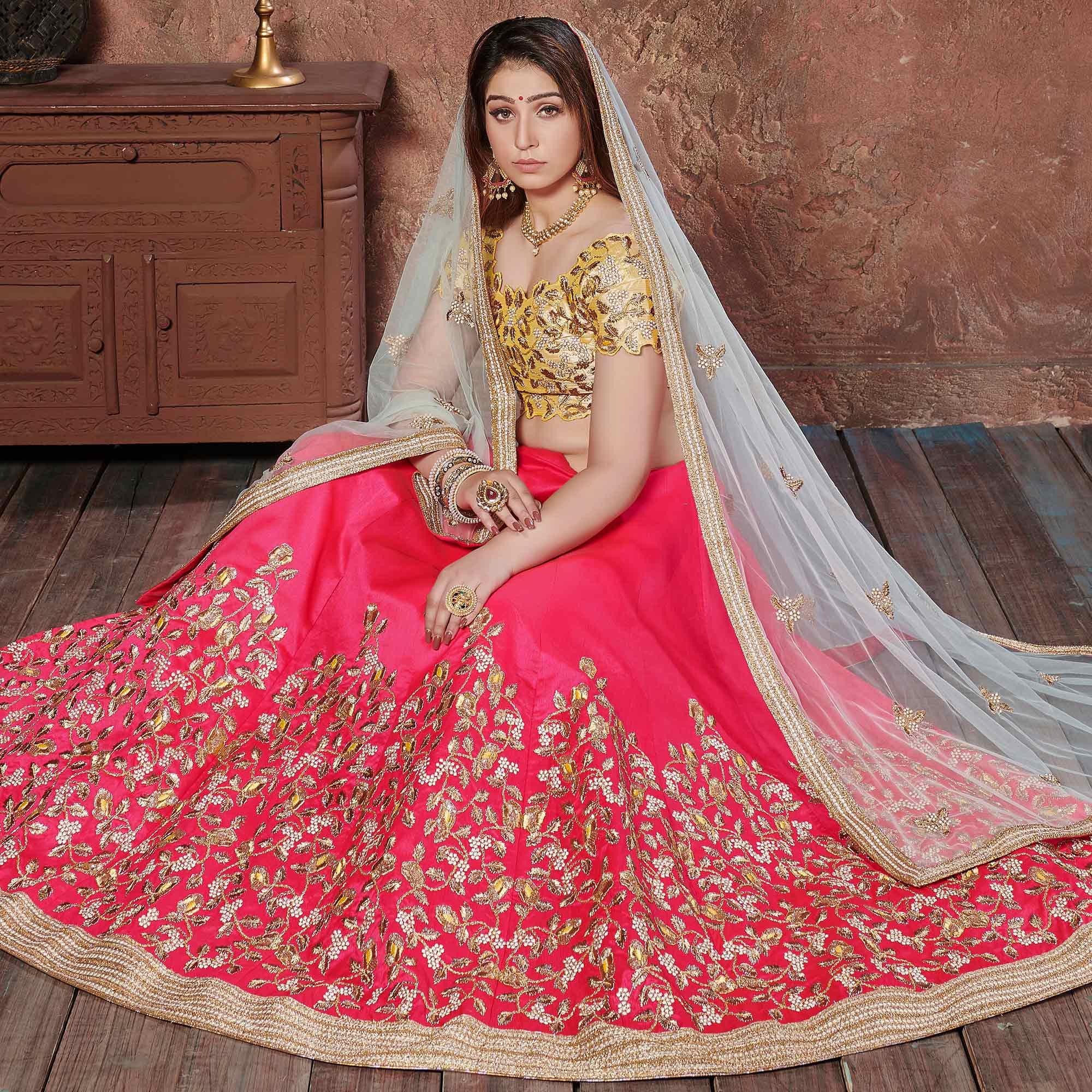 Entrancing Yellow-Pink Colored Wedding Wear Embroidered Mulberry Silk Lehenga Choli - Peachmode