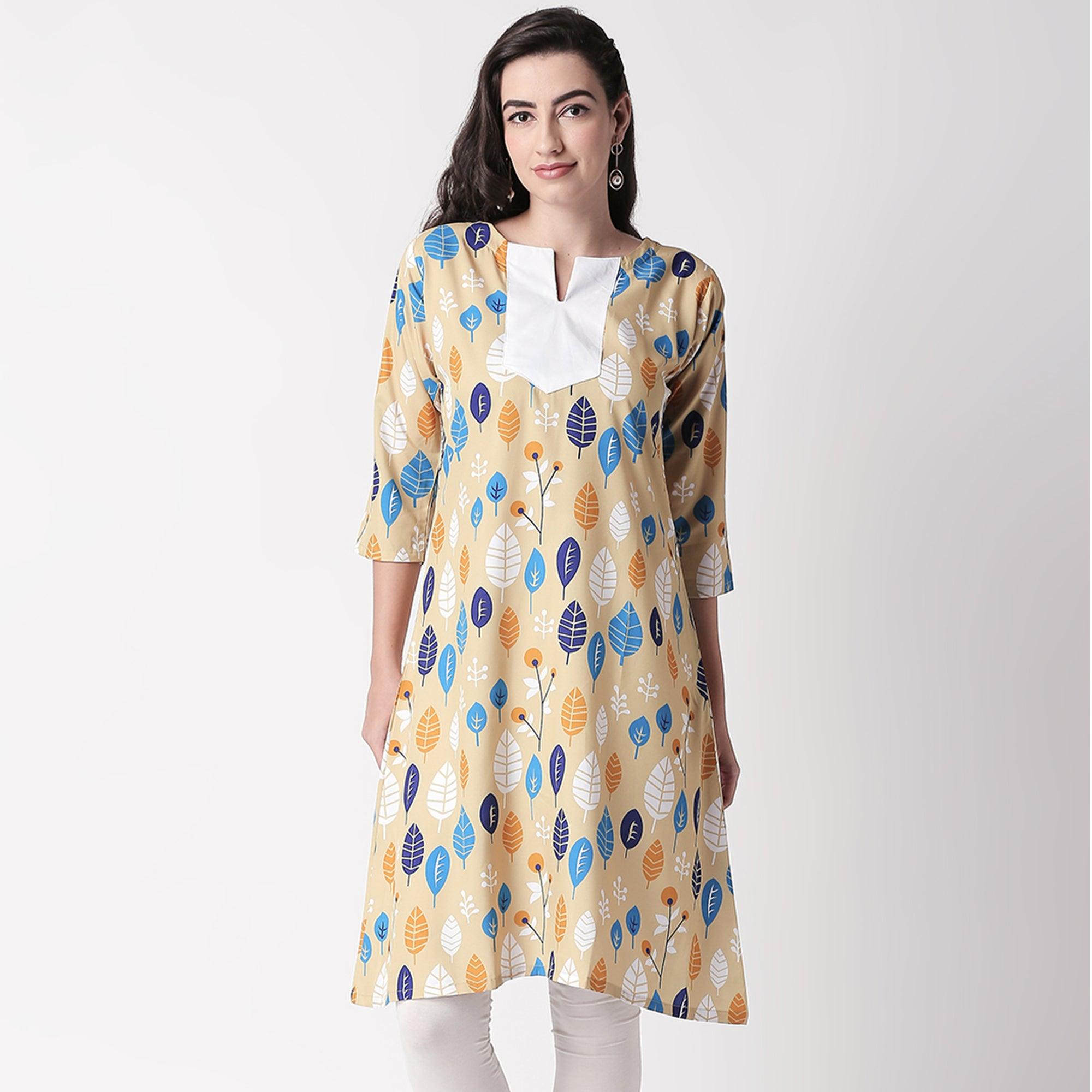 Ethnic Beige Colored Casual Wear Printed Crepe Kurti - Peachmode