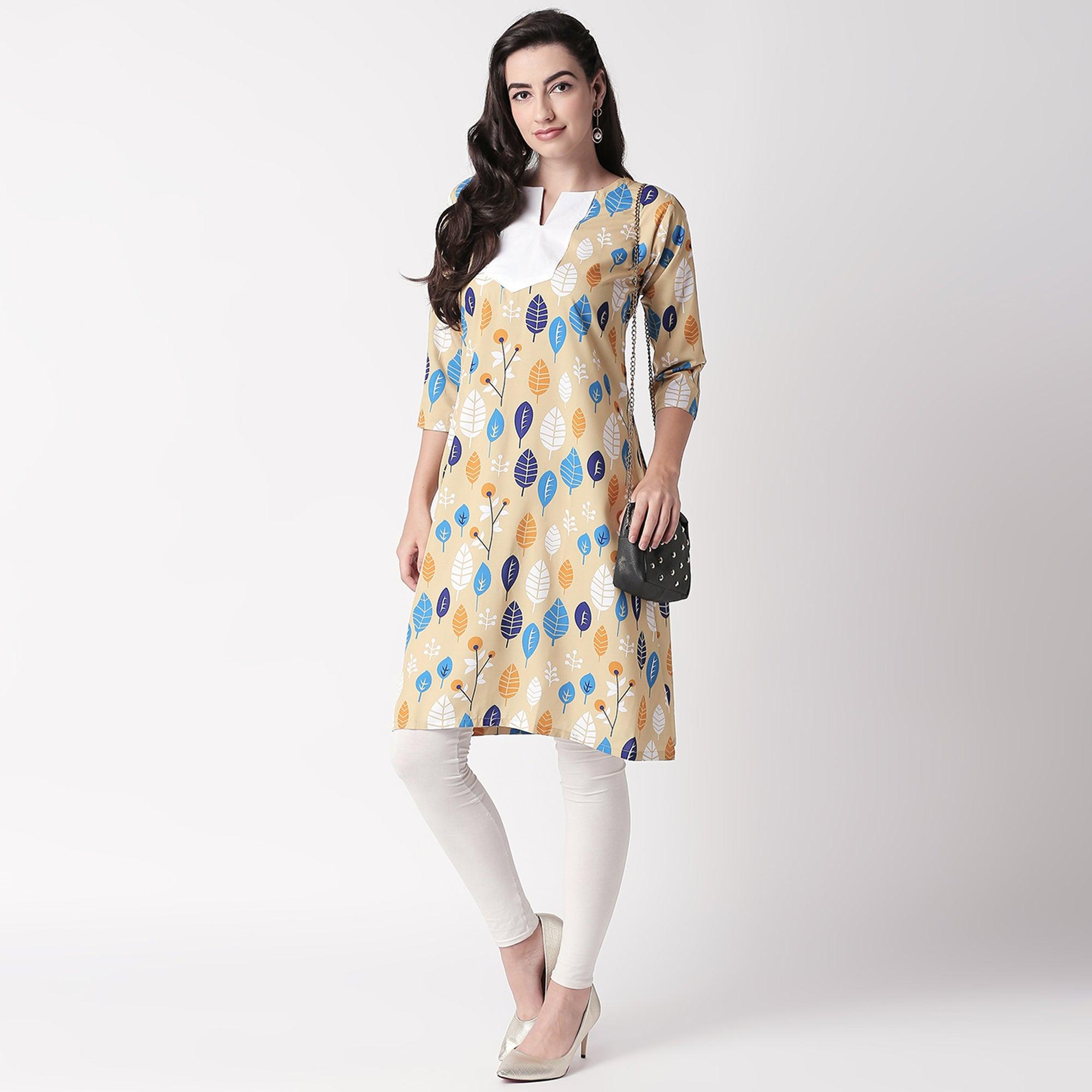 Ethnic Beige Colored Casual Wear Printed Crepe Kurti - Peachmode