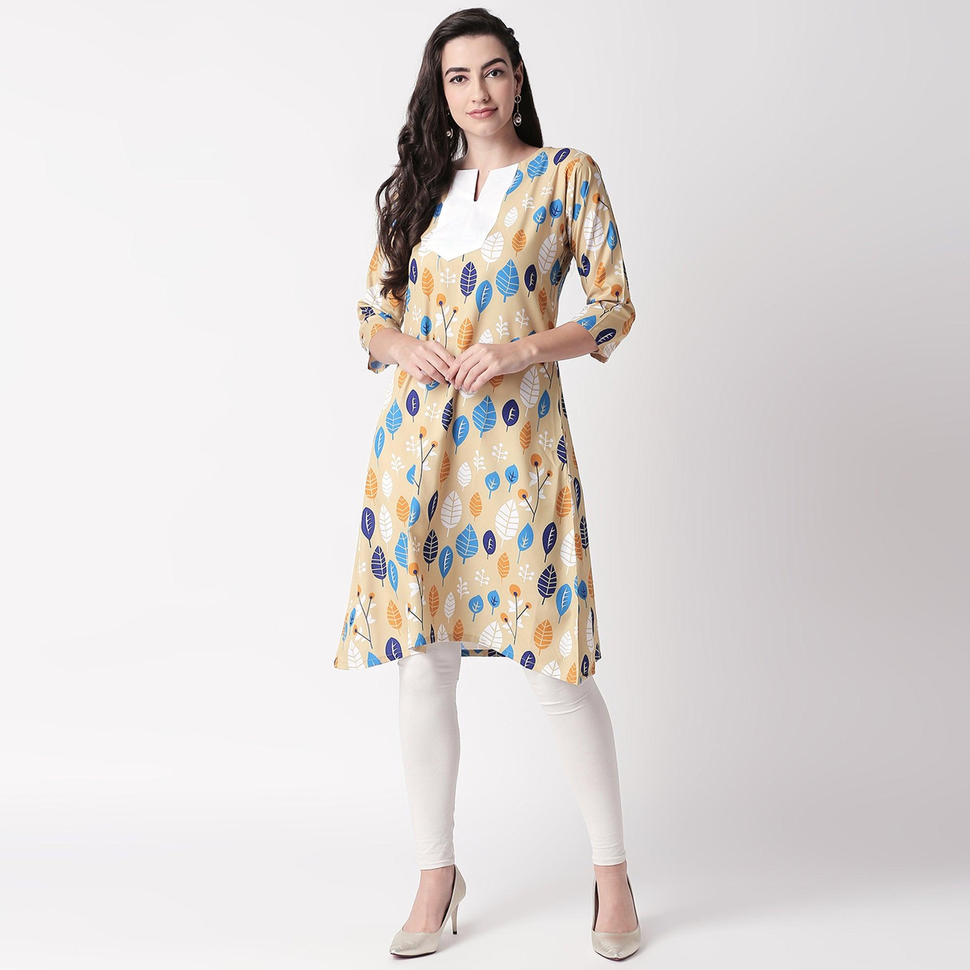 Ethnic Beige Colored Casual Wear Printed Crepe Kurti - Peachmode