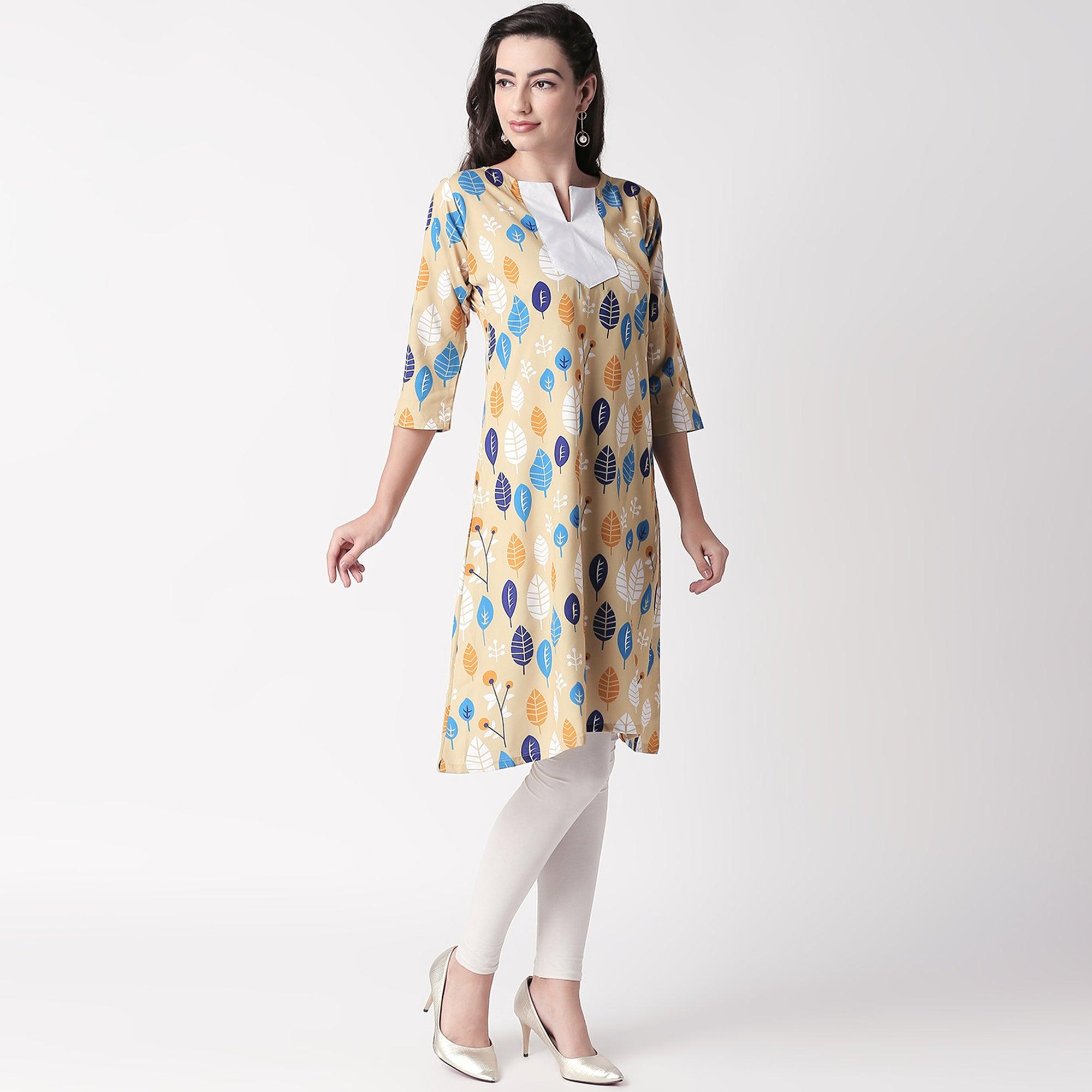 Ethnic Beige Colored Casual Wear Printed Crepe Kurti - Peachmode