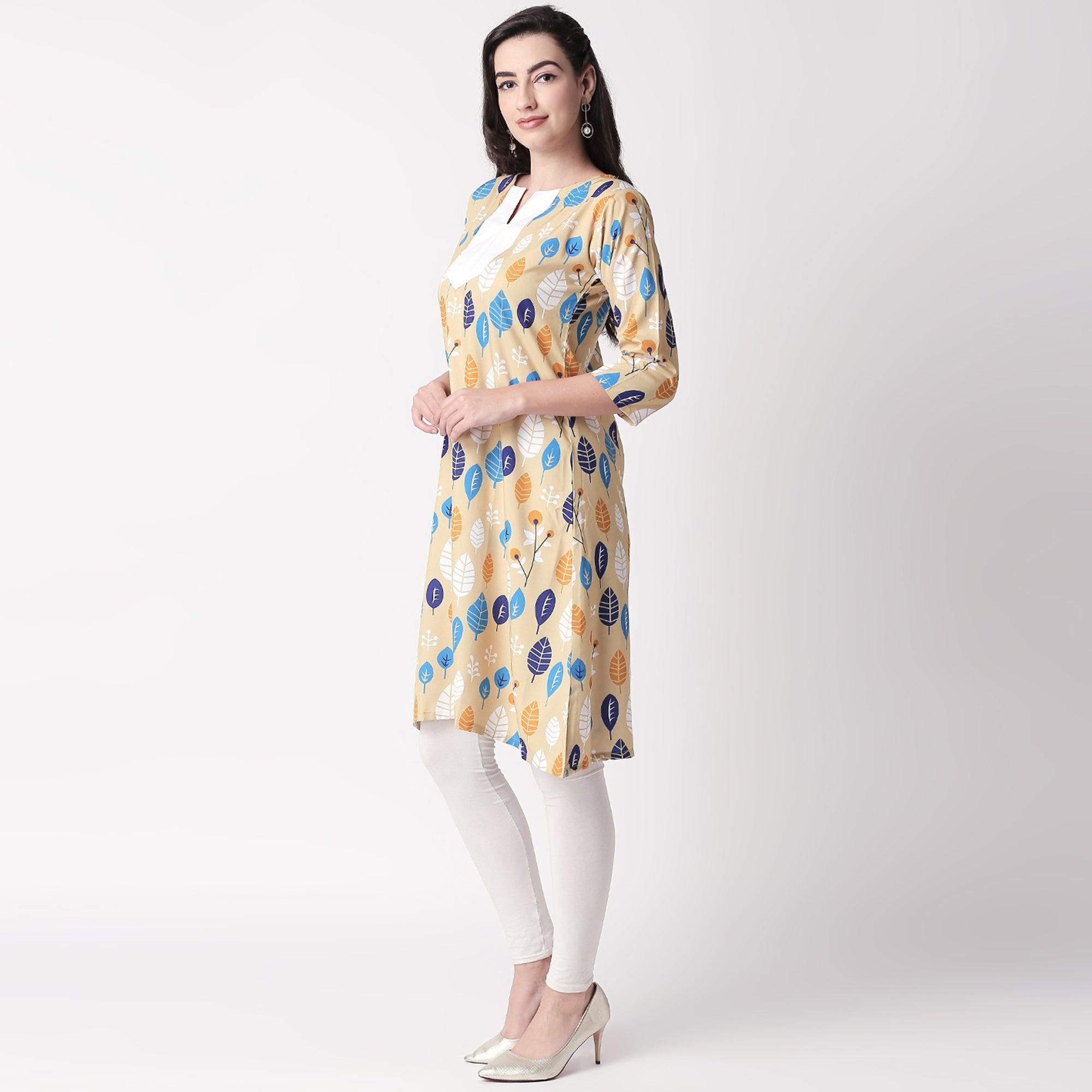 Ethnic Beige Colored Casual Wear Printed Crepe Kurti - Peachmode