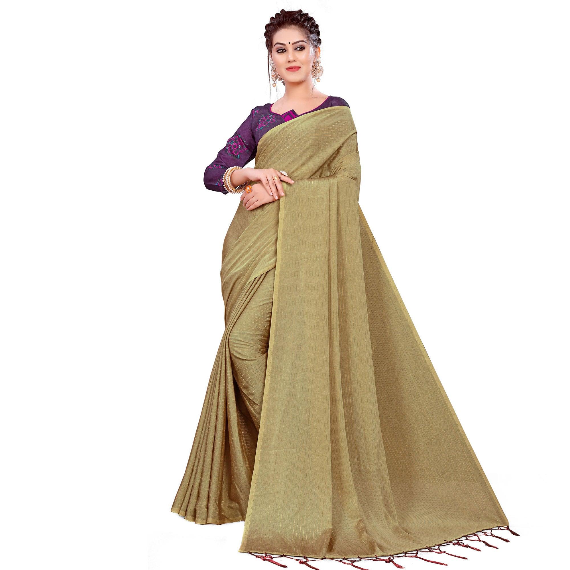 Ethnic Beige Colored Party Wear Printed Georgette Saree With Tassels - Peachmode