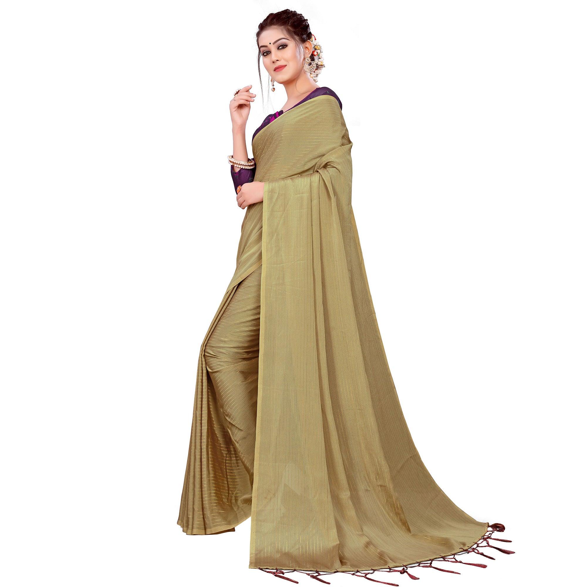 Ethnic Beige Colored Party Wear Printed Georgette Saree With Tassels - Peachmode