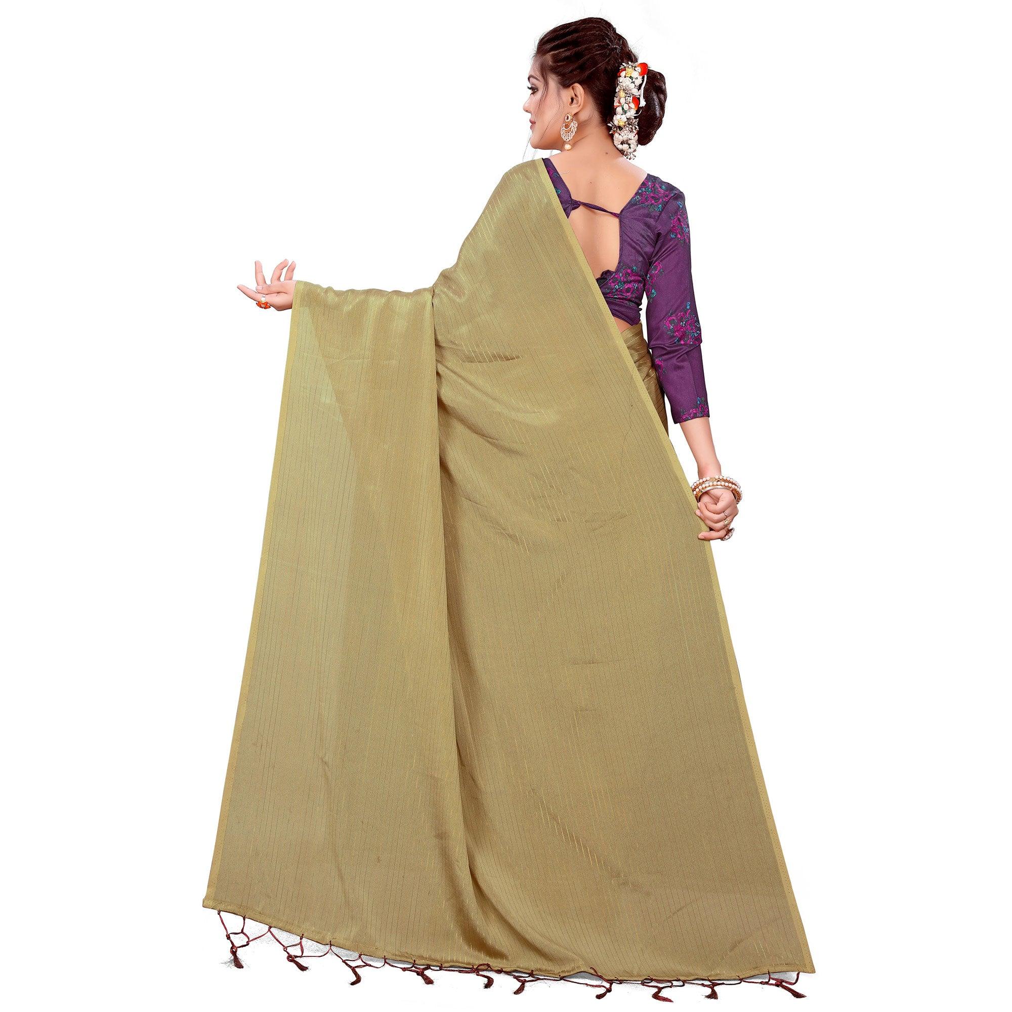 Ethnic Beige Colored Party Wear Printed Georgette Saree With Tassels - Peachmode