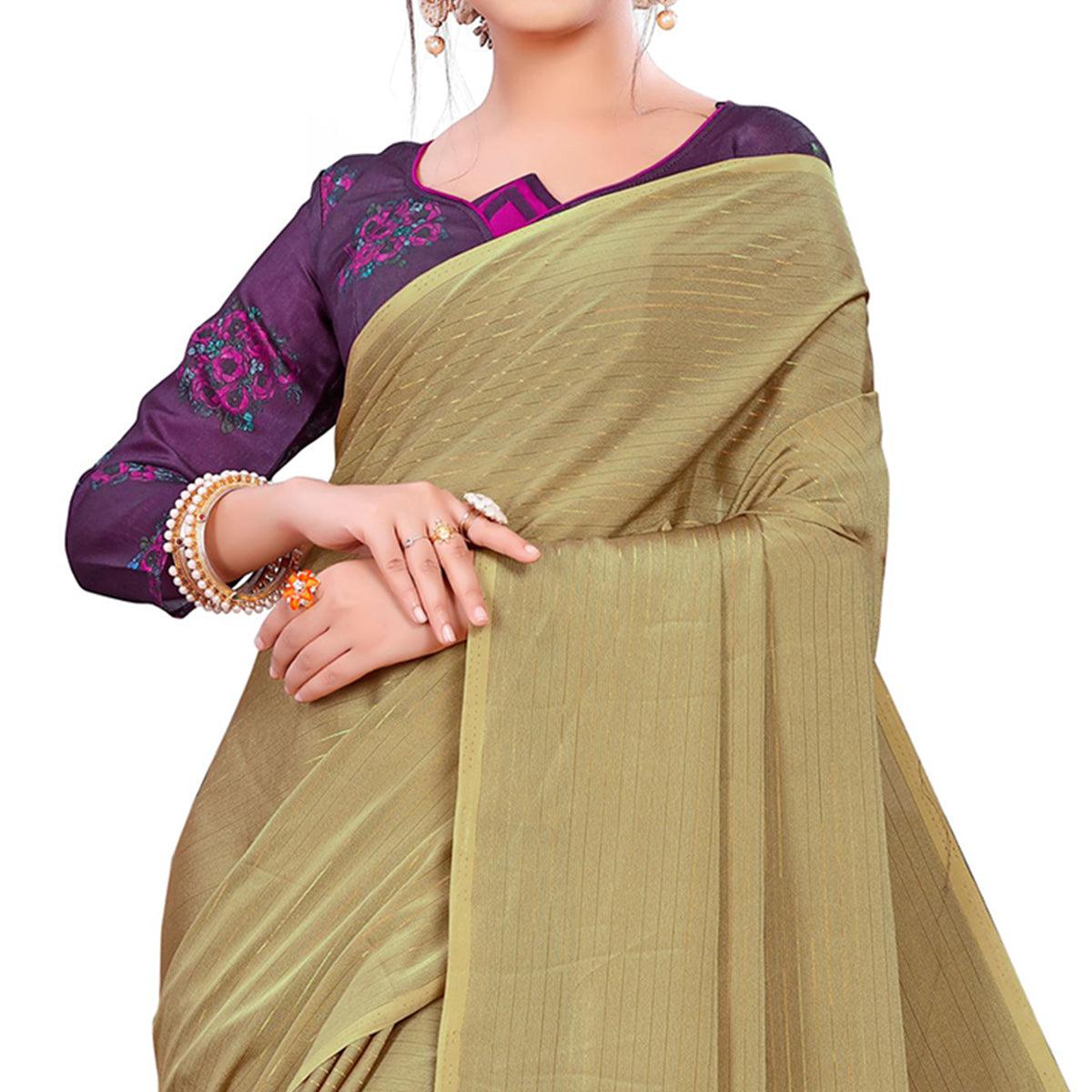 Ethnic Beige Colored Party Wear Printed Georgette Saree With Tassels - Peachmode