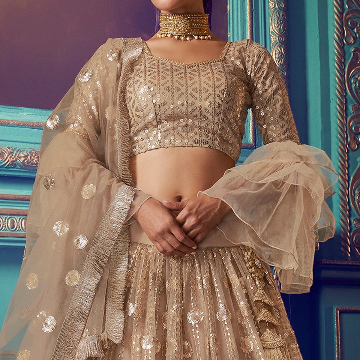 Ethnic Beige Colored Partywear Embroidered Soft Net Lehenga Choli - Peachmode