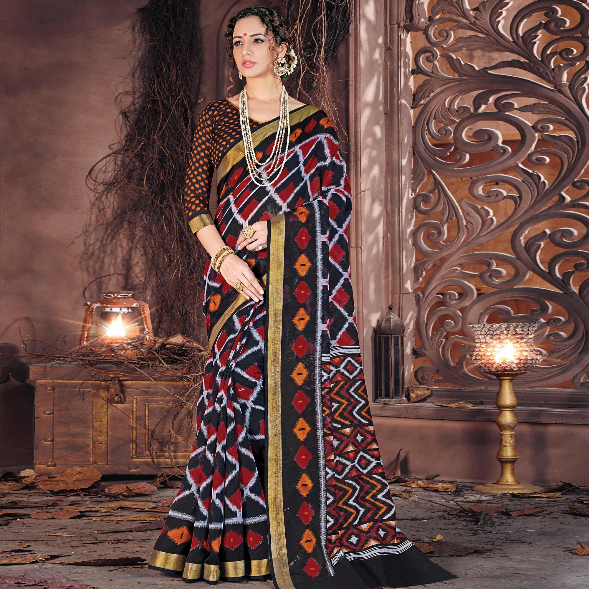 Ethnic Black Colored Casual Wear Printed Cotton Saree - Peachmode