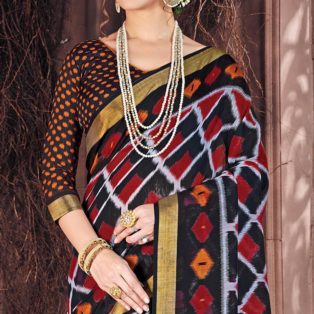 Ethnic Black Colored Casual Wear Printed Cotton Saree - Peachmode
