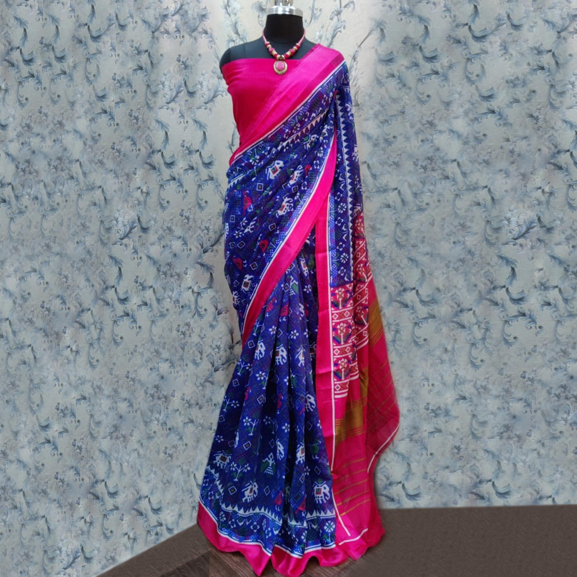 Ethnic Blue Colored Casual Wear Printed Cotton Saree - Peachmode