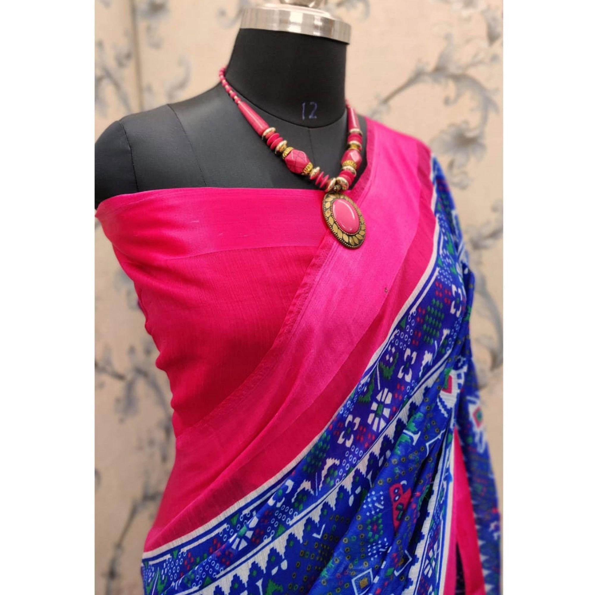 Ethnic Blue Colored Casual Wear Printed Cotton Saree - Peachmode