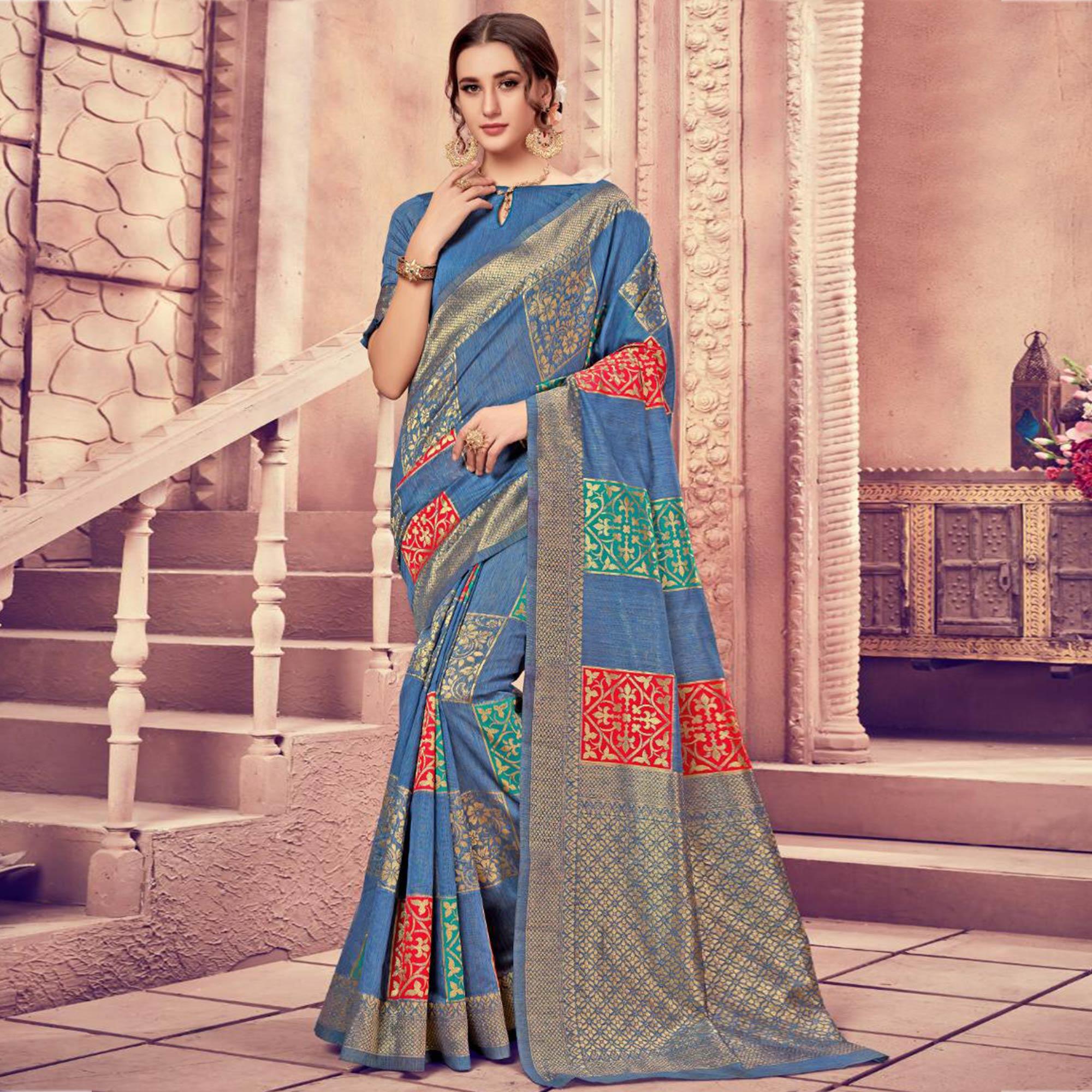 Ethnic Blue Colored Festive Wear Woven Cotton Silk Saree - Peachmode