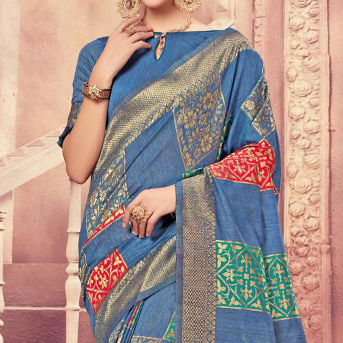 Ethnic Blue Colored Festive Wear Woven Cotton Silk Saree - Peachmode