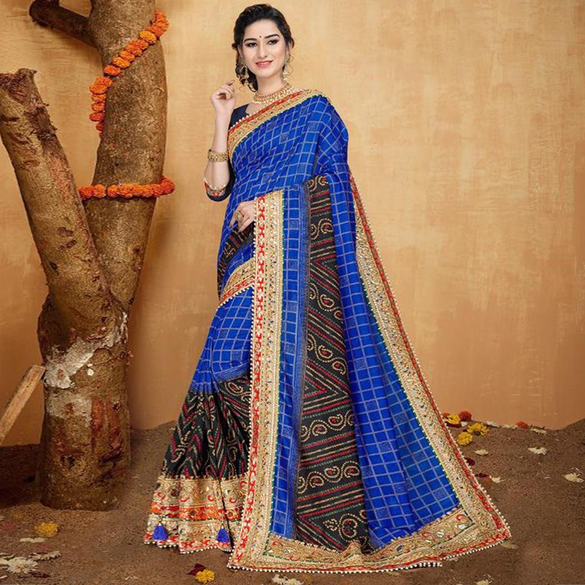 Ethnic Blue Colored Festive Wear Zari Work Vichitra Silk Saree - Peachmode