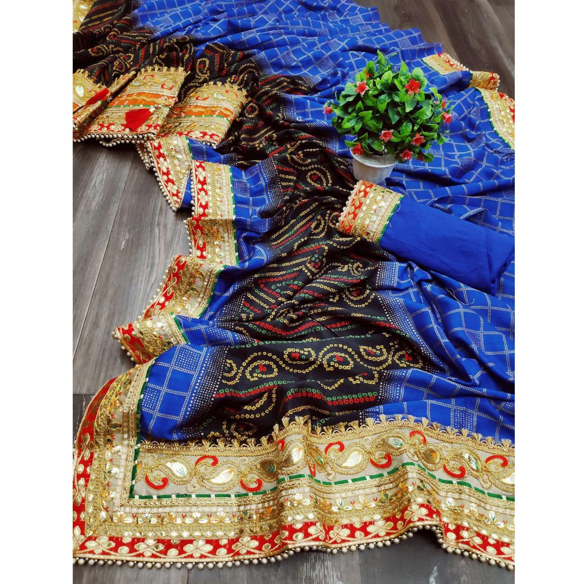 Ethnic Blue Colored Festive Wear Zari Work Vichitra Silk Saree - Peachmode
