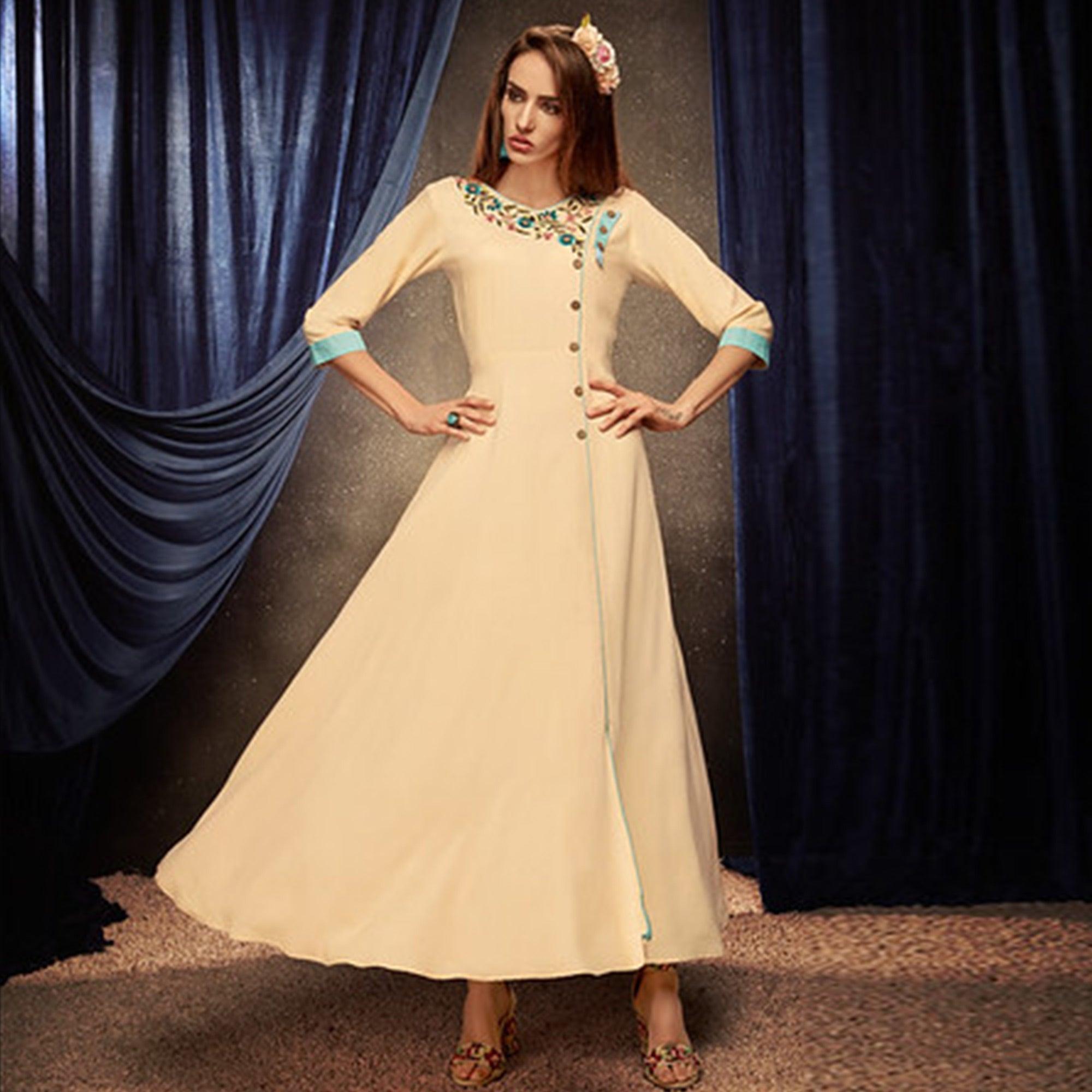 Ethnic Cream Colored Partywear Embroidered Rayon Long Kurti - Peachmode