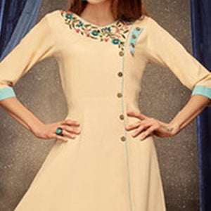 Ethnic Cream Colored Partywear Embroidered Rayon Long Kurti - Peachmode