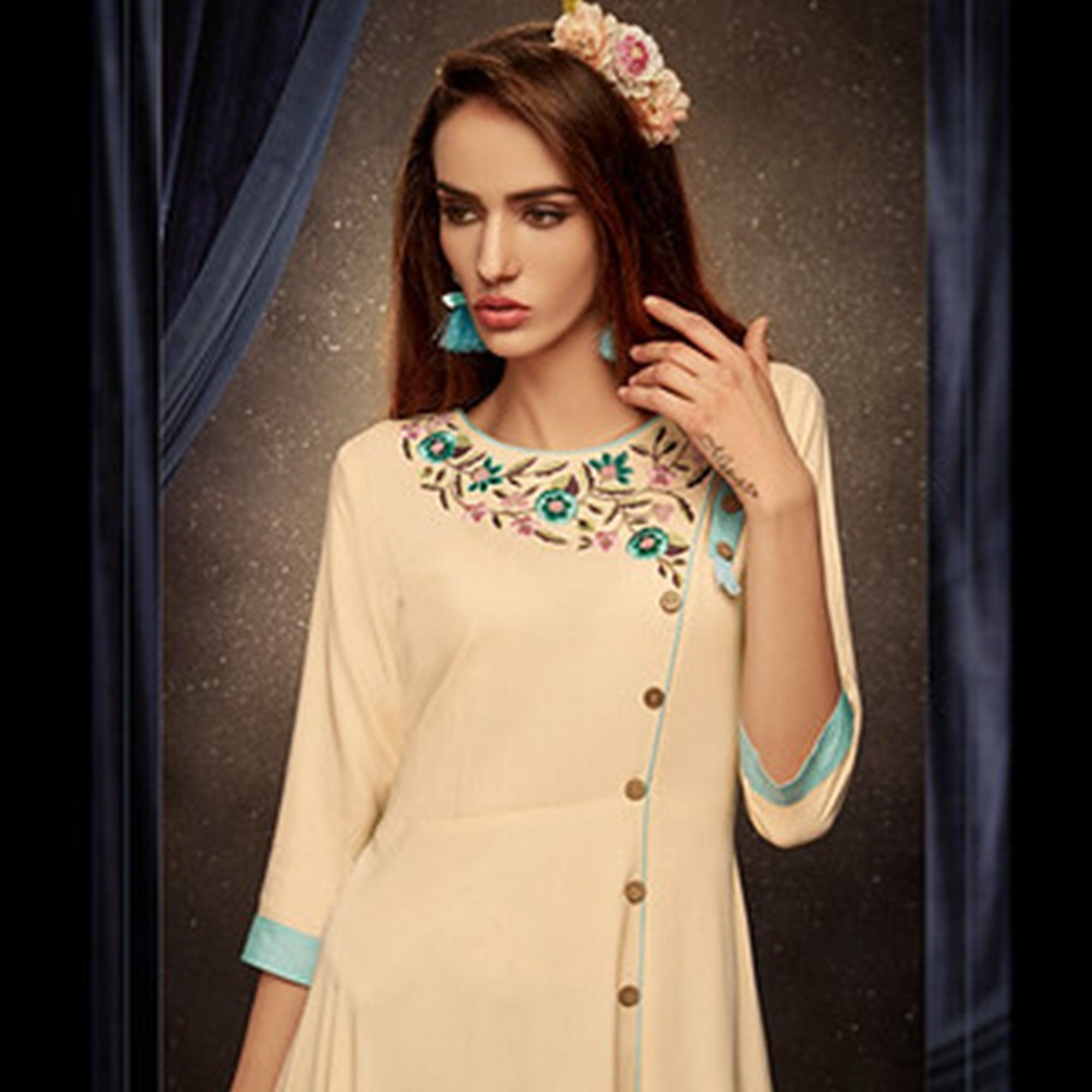Ethnic Cream Colored Partywear Embroidered Rayon Long Kurti - Peachmode