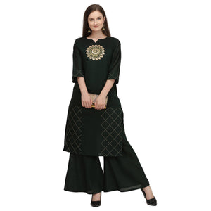 Ethnic Dark Green Colored Partywear Embroidered Pure Viscose Silk Kurti-Palazzo Set - Peachmode
