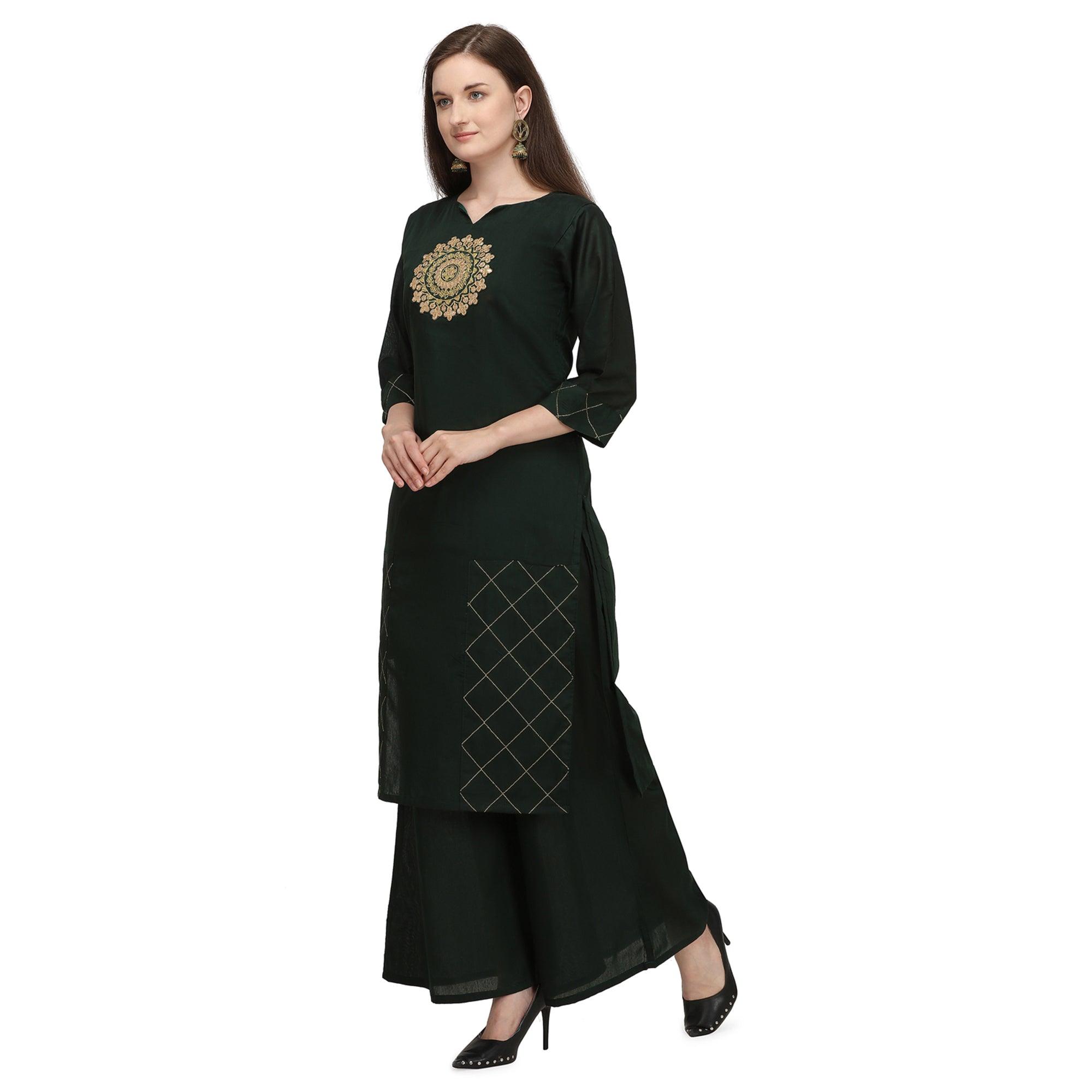 Ethnic Dark Green Colored Partywear Embroidered Pure Viscose Silk Kurti-Palazzo Set - Peachmode