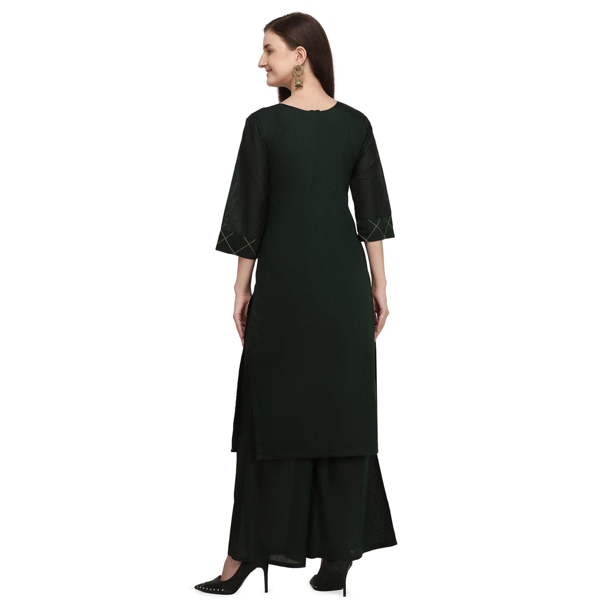 Ethnic Dark Green Colored Partywear Embroidered Pure Viscose Silk Kurti-Palazzo Set - Peachmode