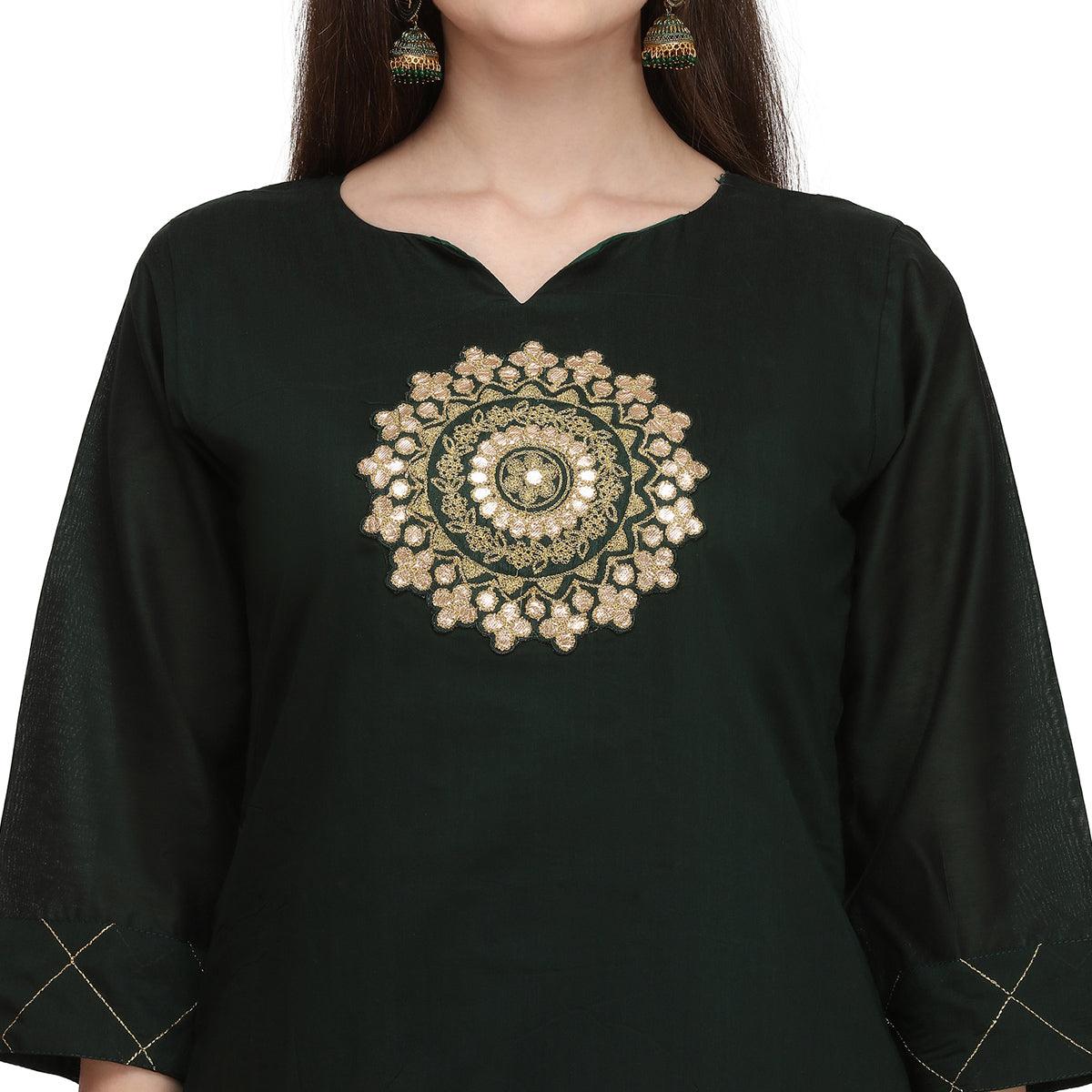 Ethnic Dark Green Colored Partywear Embroidered Pure Viscose Silk Kurti-Palazzo Set - Peachmode