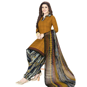 Ethnic Dark Mustard Yellow Colored Casual Printed Crepe Patiala Dress Material - Peachmode