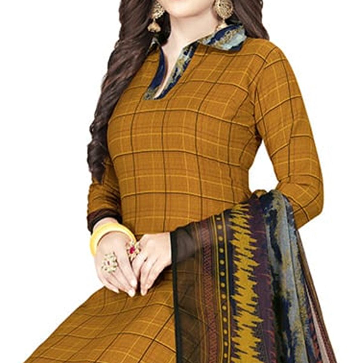 Ethnic Dark Mustard Yellow Colored Casual Printed Crepe Patiala Dress Material - Peachmode