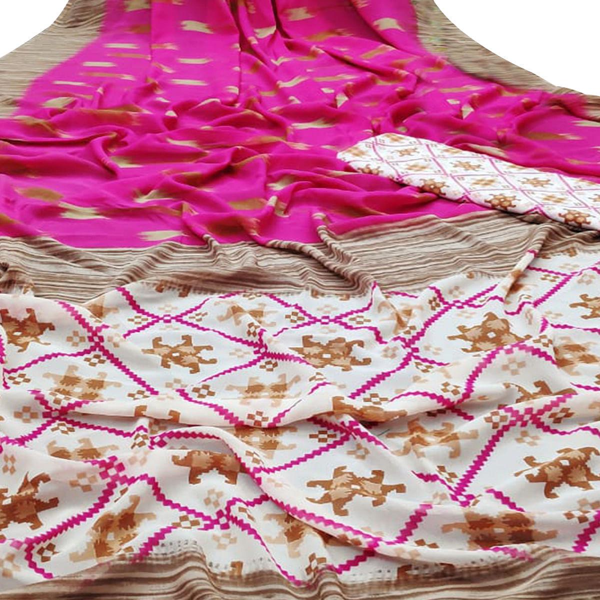 Ethnic Dark Pink Colored Casual Wear Mill Printed Georgette Saree - Peachmode