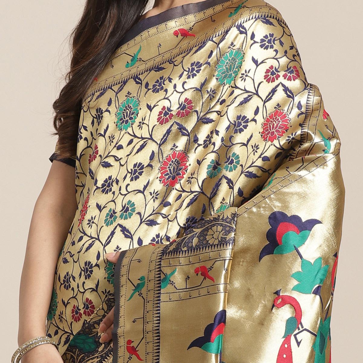 Ethnic Gold-Navy Blue Colored Festive Wear Woven Silk Blend Saree - Peachmode