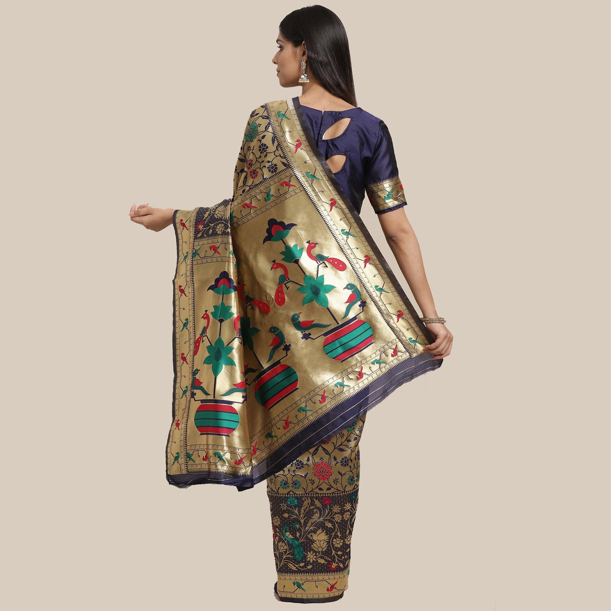 Ethnic Gold-Navy Blue Colored Festive Wear Woven Silk Blend Saree - Peachmode