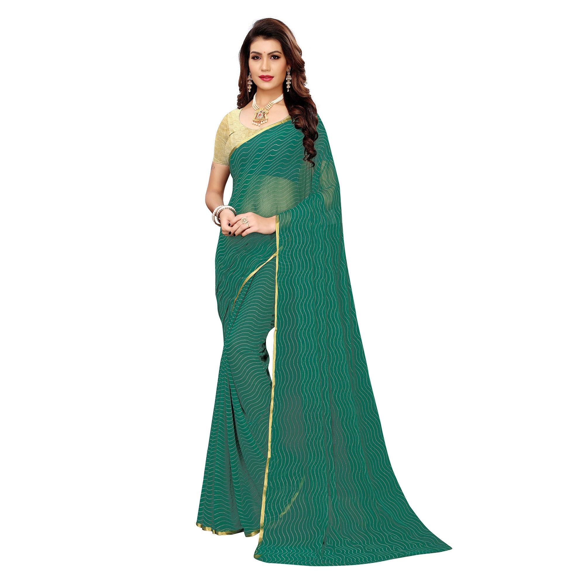 Ethnic Green Colored Casual Wear Woven Border Chiffon Saree - Peachmode
